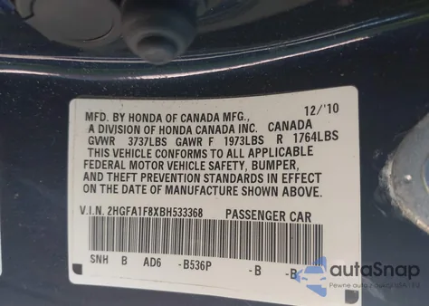 2011 Honda Civic Ex из США, поврежденный, VIN 2HGFA1F8XBH533368